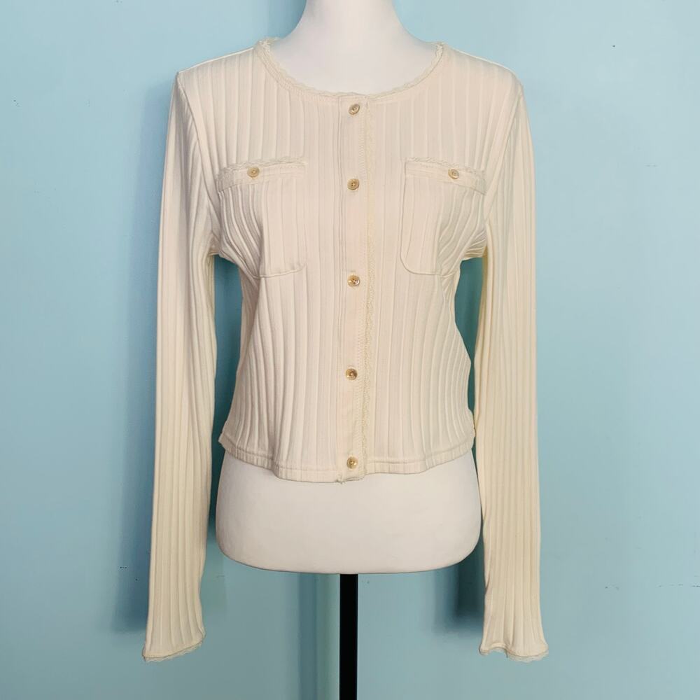 J. Crew Cream Ribbed Button Front Cardigan Size Large